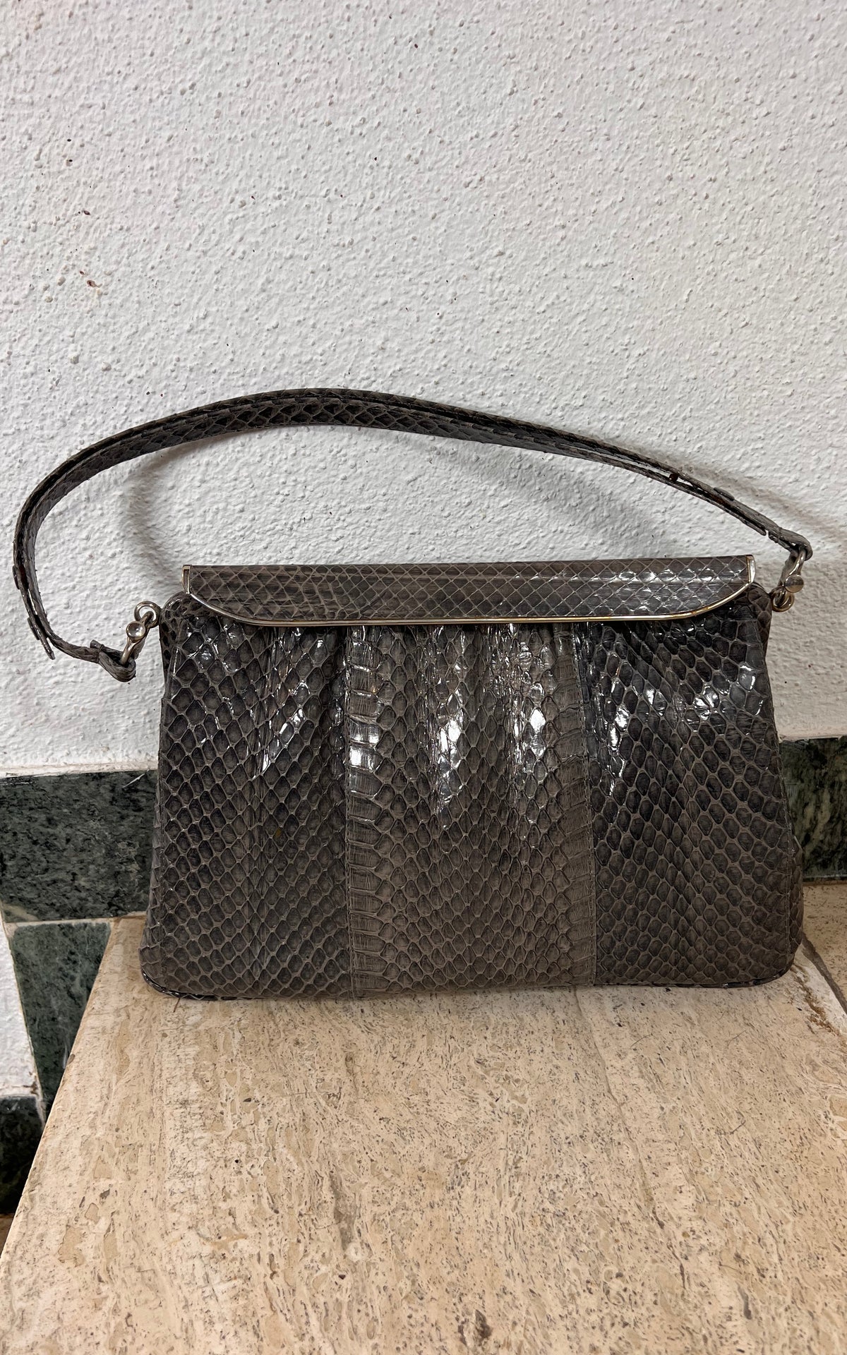 Vintage Genuine Snakeskin Handbag in Smoky Grey with Silver-Tone Frame