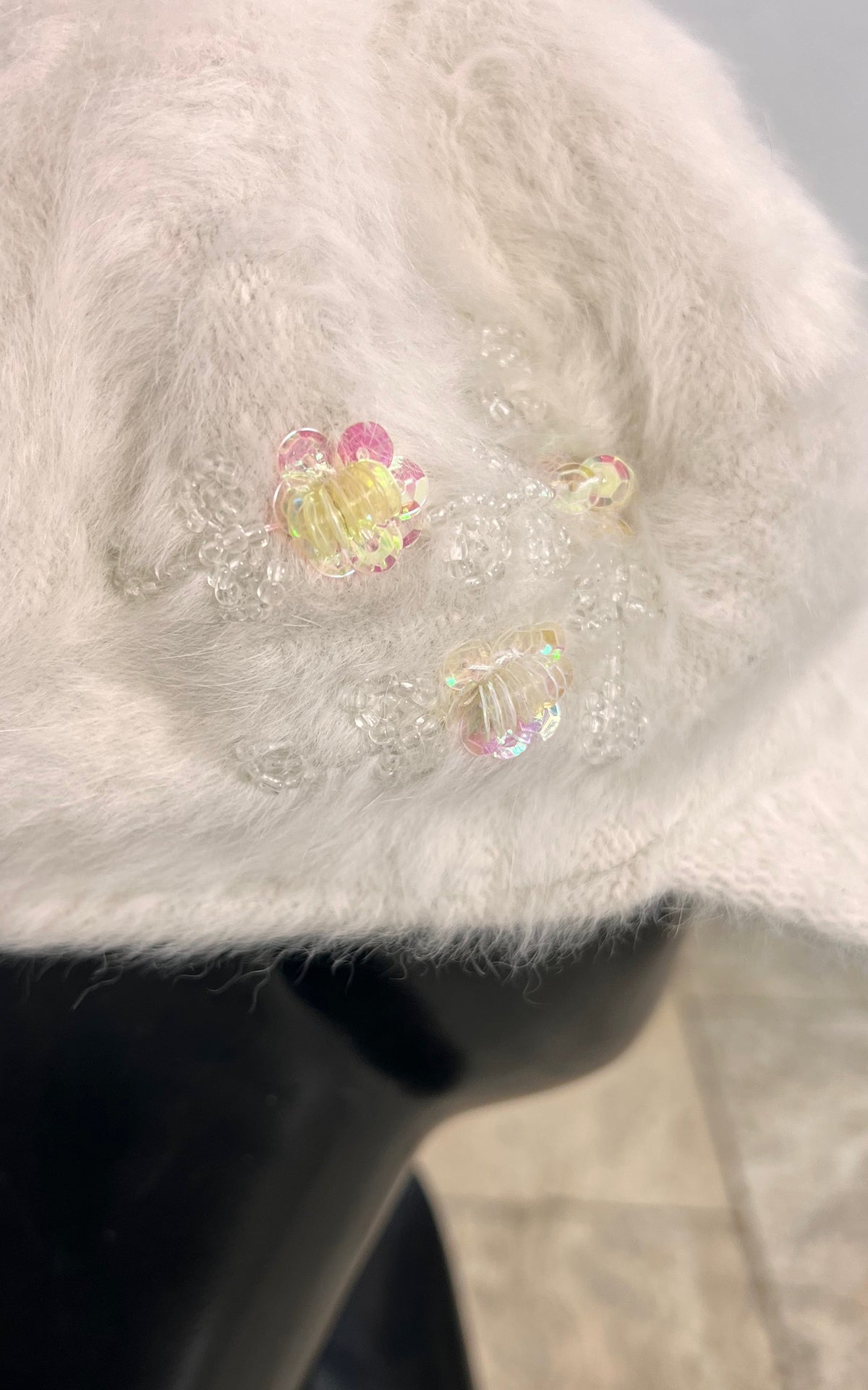 Vintage Ivory Fluffy Baker Boy Cap with Beaded Floral Detail