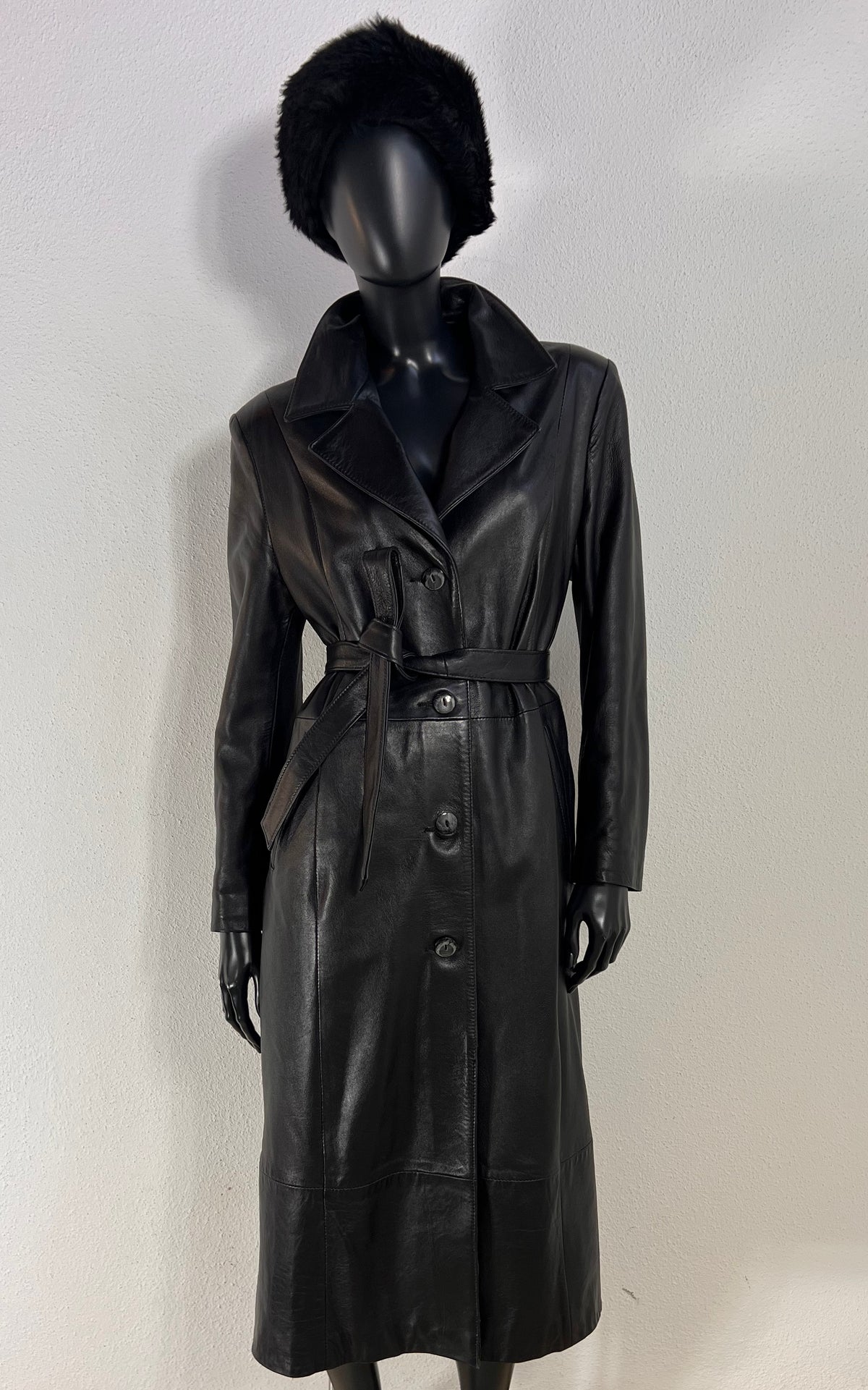 Vintage Black Nappa Leather Belted Coat – Made in Italy