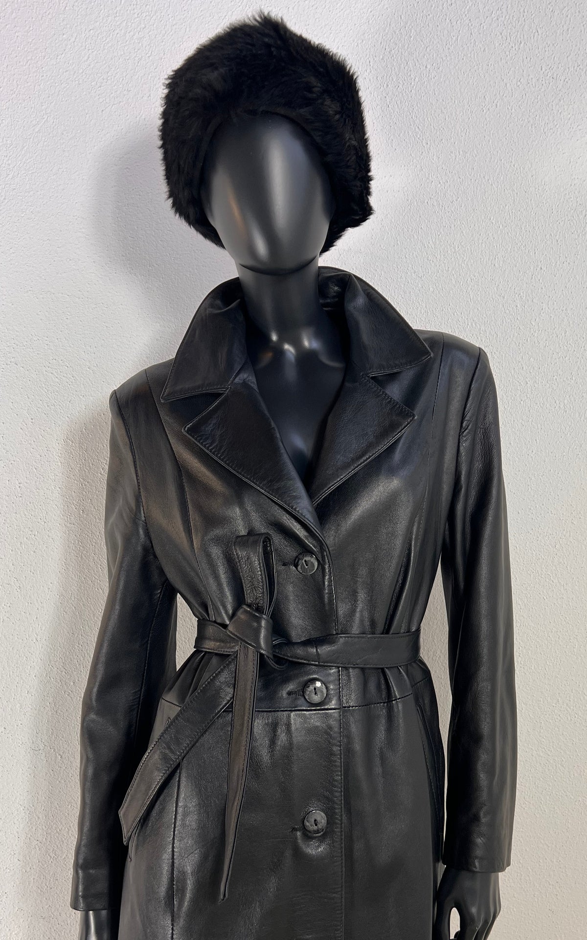 Vintage Black Nappa Leather Belted Coat – Made in Italy